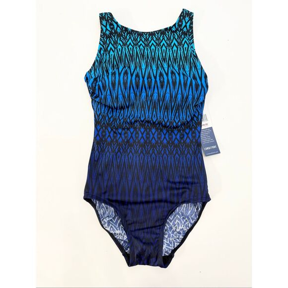 Longitude Womens Blue Tahoe Ombre Scoop Back Tummy Control Swimsuit Size 8 NWT - Picture 1 of 7
